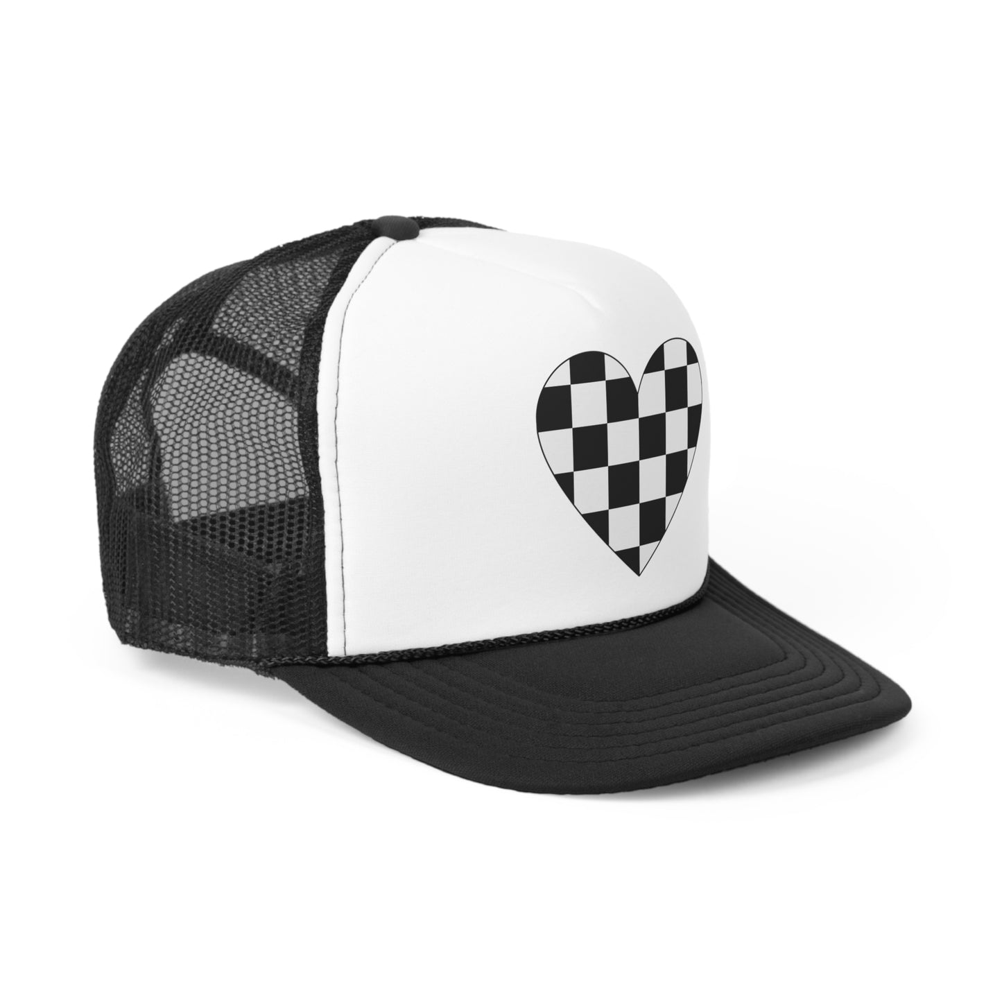 Black + White Heart Checkerboard Trucker Hat