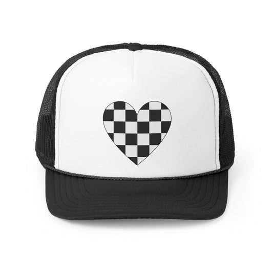 Black + White Heart Checkerboard Trucker Hat